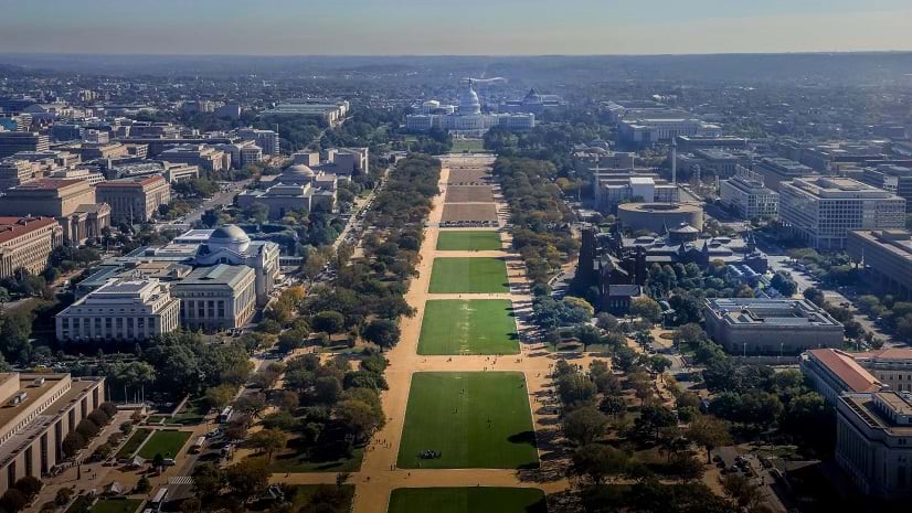 A photograph of The Mall and surrounding areas in Washington, DC.