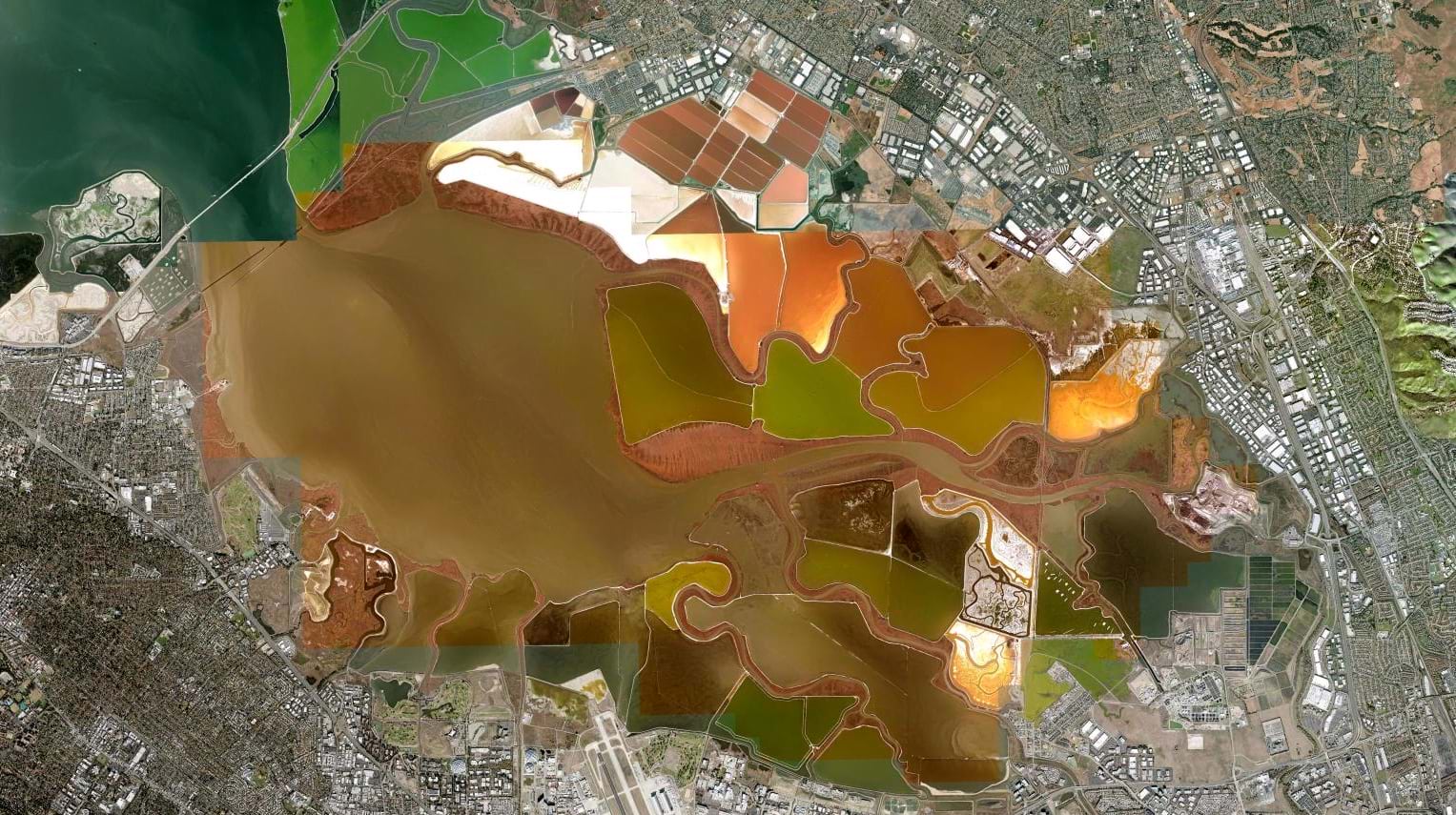 satellite image of salt ponds in the San Francisco Bay