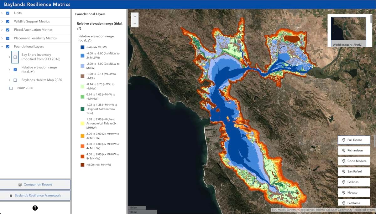 Screenshot of the Baylands Resilience Metrics interactive mapping tool