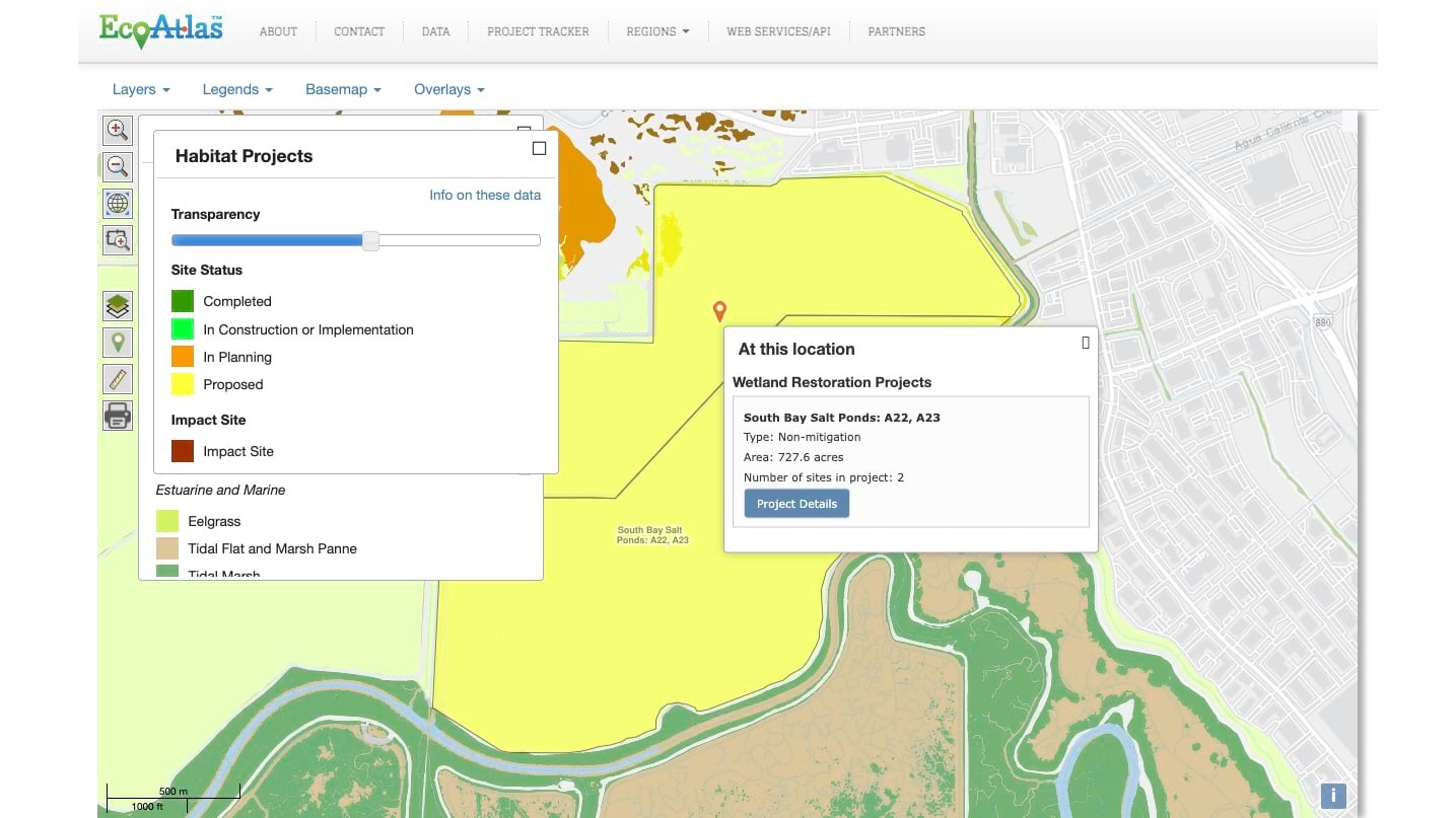 Screenshot of the EcoAtlas mapping tool that provides wetlands context