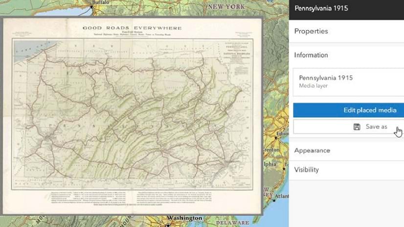 A green-tinted map alongside text that includes the phrase, \'Pennsylvania 1915 Media layer\'