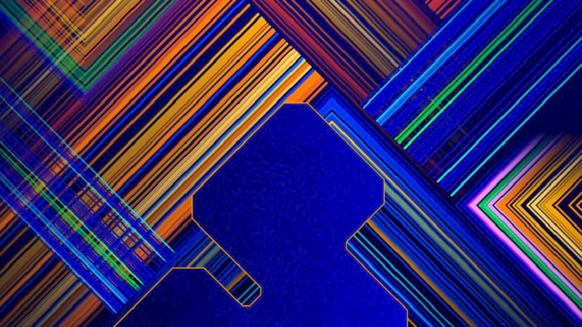 Multicolored parallel lines overlap against a blue background