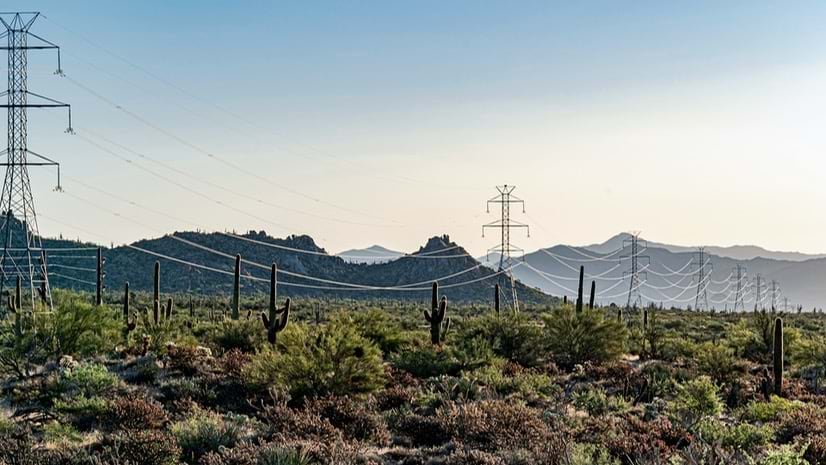 With mountains in the distance, electrical towers stretch across a green landscape