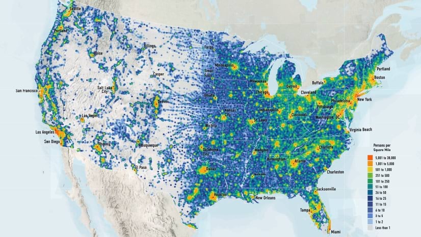 A map of the conterminous United States, with major cities labeled and mostly covered small dots of varying colors