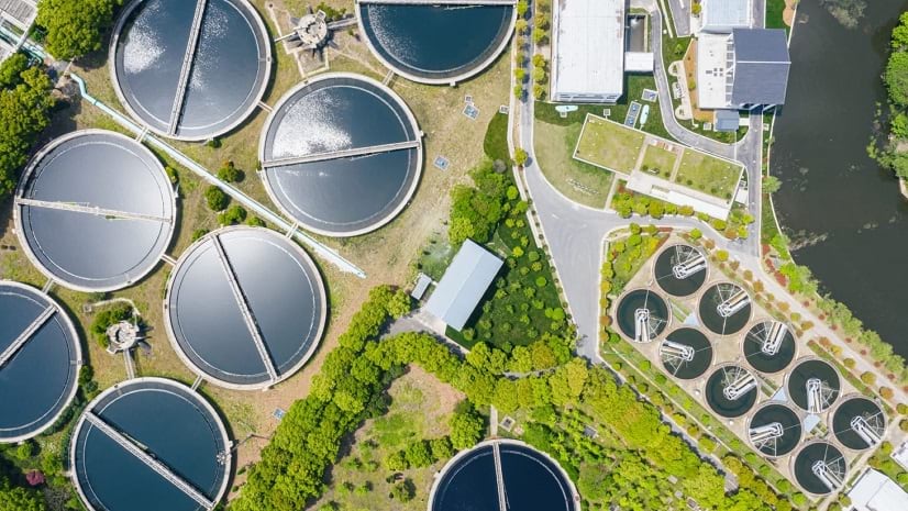 An overhead photographic view of a water treatment facility