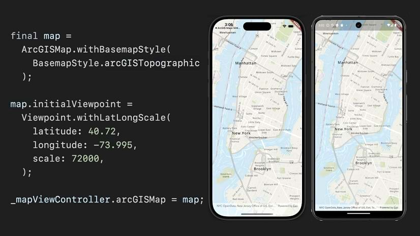 Computer coding appears next to two smartphone screen images of New York City maps