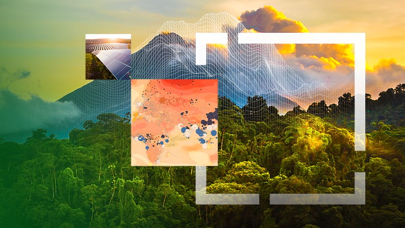 Square map and photo images are superimposed on a heavily wooded area with a mountain in the distance, with part of the image contained in the outline of a prominent and translucent white square