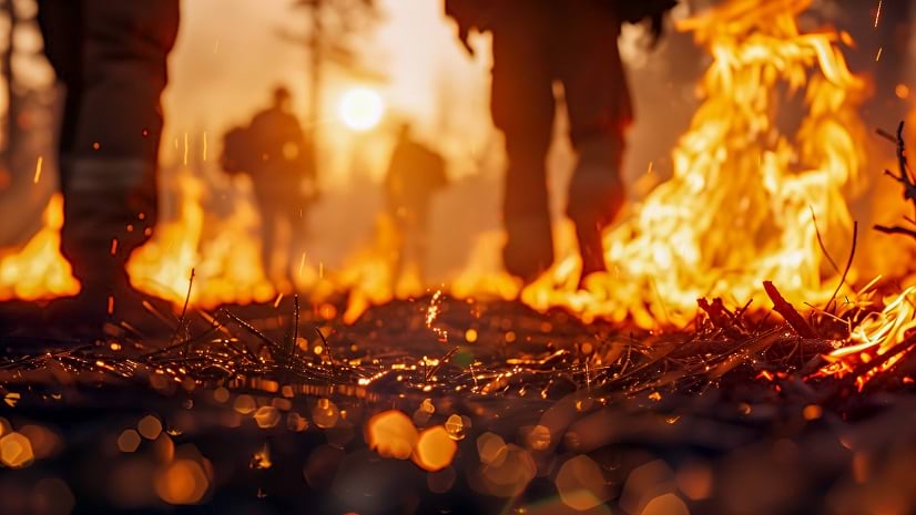 People walk across burning ground