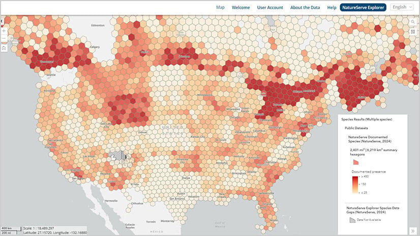 The NatureServe Explorer Pro tool shows a map of the United States with hexbins in shades of red.