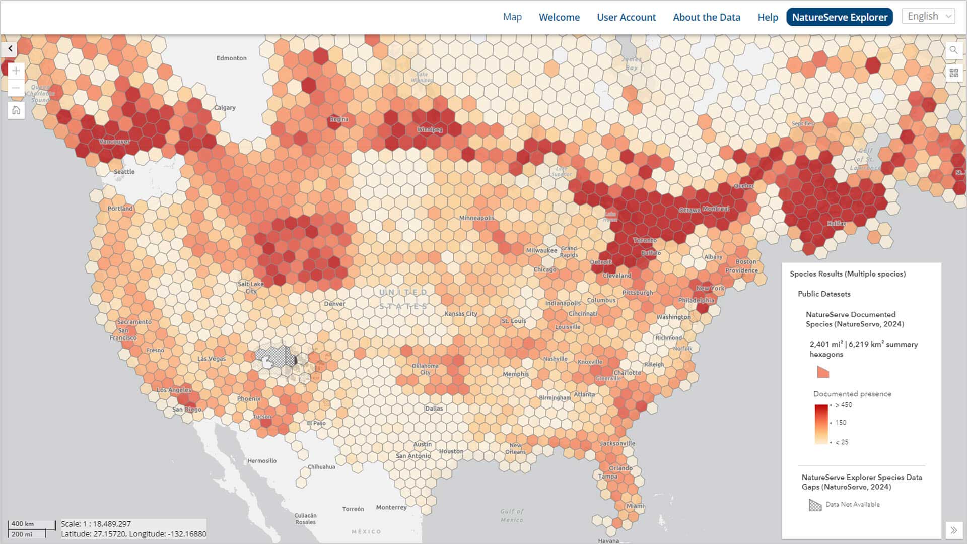 A map of North America in NatureServe Explorer Pro shows biodiversity metrics.