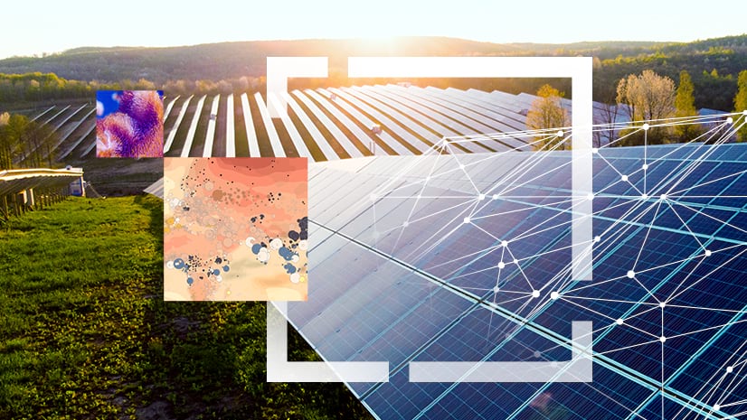 A field of solar panels with overlaid images of maps and a white box outline