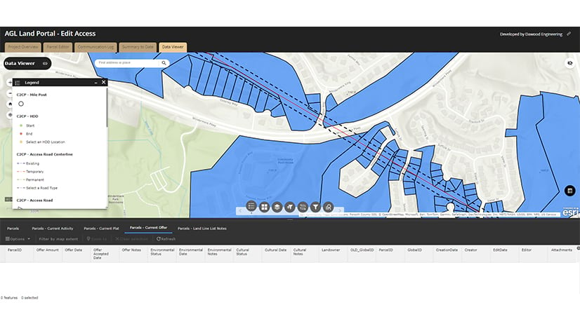 Screenshot of the AGL Land Portal showing a map view of land parcels with an access road highlighted. A legend displays various map features.