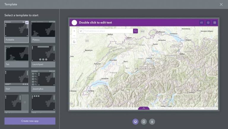 A screenshot showing app building software. On the left, there are eight templates to choose from. On the right is a preview of a map of Switzerland.