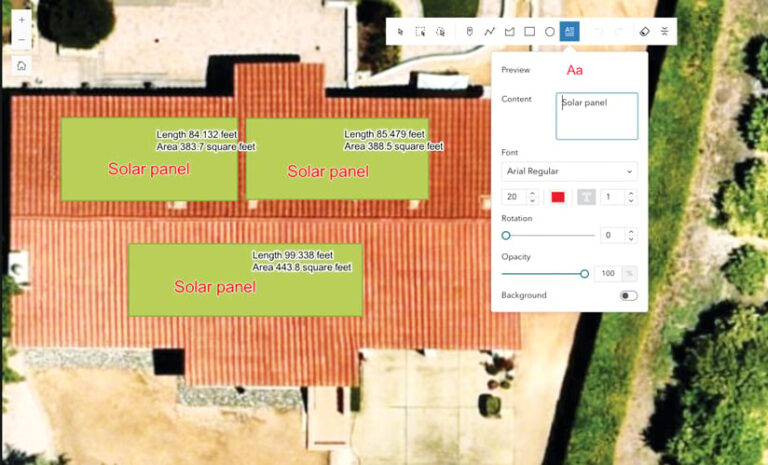 Aerial view of a house with its roof outlined to show where solar panels could be installed. Each outlined section is labeled "Solar panel" and lists its dimensions.