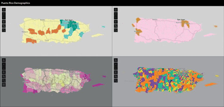 Four maps of Puerto Rico show demographic data by municipality. Each map uses different colors to represent variations in demographics across the island.