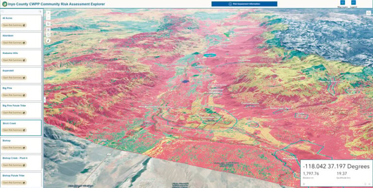 Screenshot of the Inyo County Community Wildfire Protection Plan (CWPP) Risk Assessment Explorer. It shows an interactive map with different color layers. A list of communities allows users to select and view specific risk summaries.