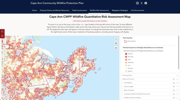 Map of Cape Ann, MA, showing wildfire risk levels from neutral (light beige) to extreme (dark red) for different areas. A key and zoom controls are visible.