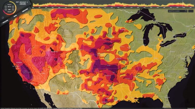 Map of the contiguous United States depicting drought conditions the week of October 25, 2022. Shades of yellow, orange, and red represent areas of abnormally dry to exceptional drought conditions, respectively.