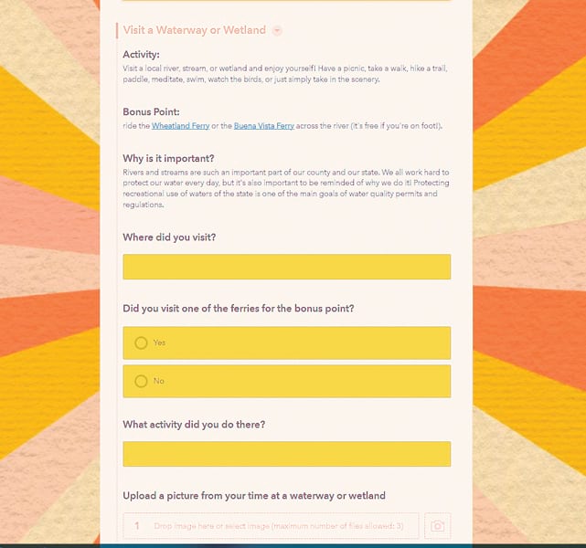 A digital form titled "Visit a Waterway or Wetland" with fields to fill out about the visit, including uploading a picture.