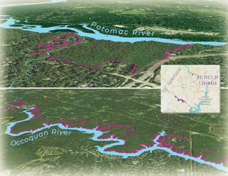 Two aerial maps with highlighted areas. The top map shows the Potomac River and surrounding land in Fairfax County, bordering Washington, DC. The bottom map shows the Occoquan River, a tributary of the Potomac. Both aerial maps have areas adjoining the rivers outlined in pink.