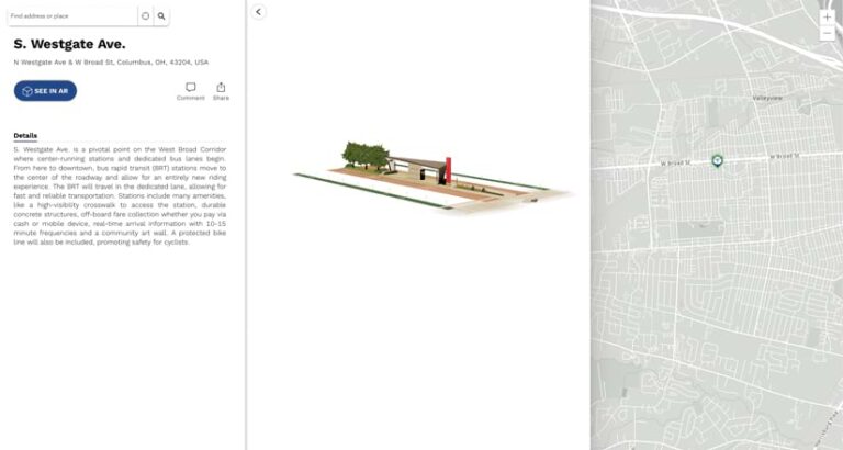 A 3D rendering of a modern bus rapid transit station next to a map of where the station will be. The station features a sleek shelter with a red accent wall, benches, and a raised crosswalk. Trees and landscaping surround the station. An information pane describes the project.