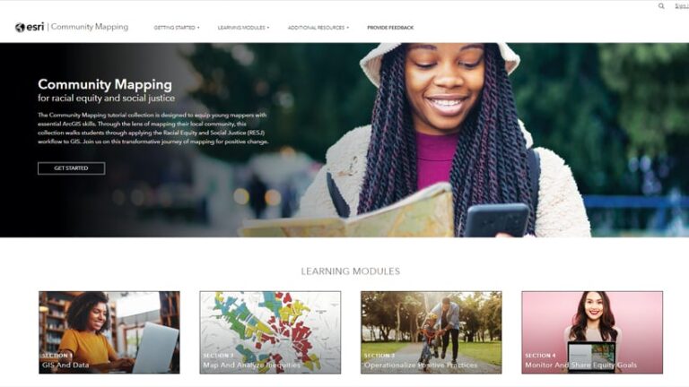 A webpage banner for a Community Mapping tutorial, featuring a smiling young woman reviewing a map on her phone. The course teaches GIS skills through a racial equity and social justice lens.