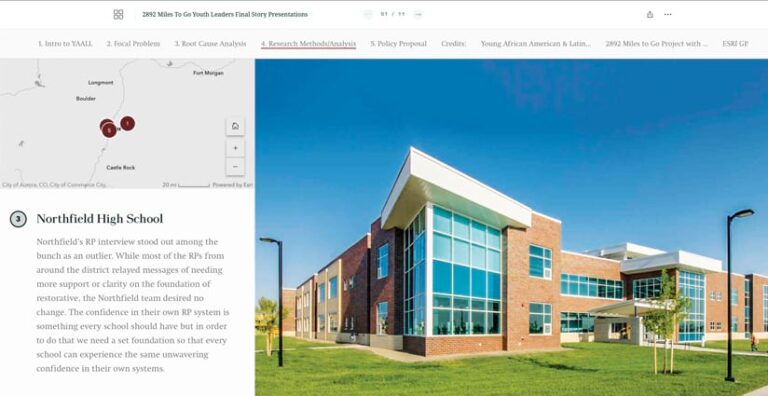 An ArcGIS StoryMaps story interface, showing the exterior of Northfield High School with large windows and brick facade on a sunny day. A map of where the high school is located is on the left, along with a description of its restorative justice practices.