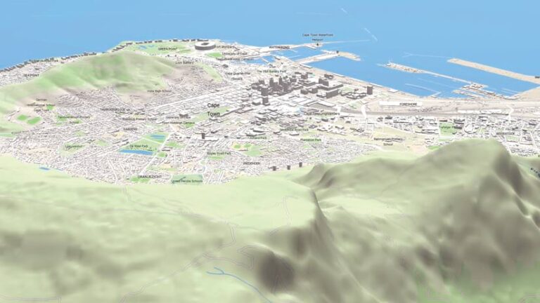 A 3D basemap of Cape Town, South Africa. The city is nestled between rolling green hills and the expansive blue ocean. Landmarks and neighborhoods are labeled.