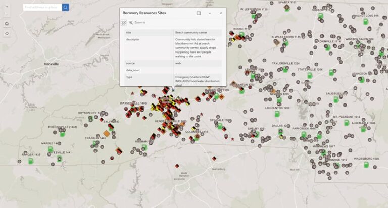 A map of Western North Carolina dotted with icons indicating: emergency shelters, food/water distribution sites, and community support hubs.