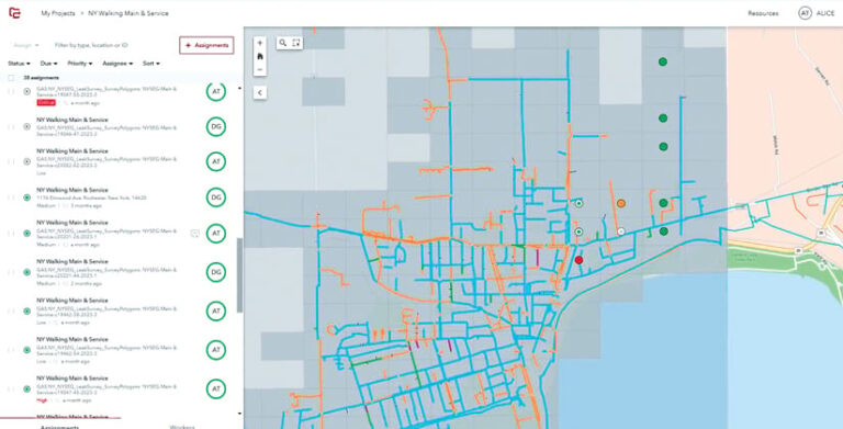 A screenshot of a work management software dashboard. The dashboard displays a map overlaid with blue lines (presumably pipes) and colored dots (presumably work orders) in different areas. A list of work orders is shown on the left side of the screen, each with its status, priority, and assigned worker.