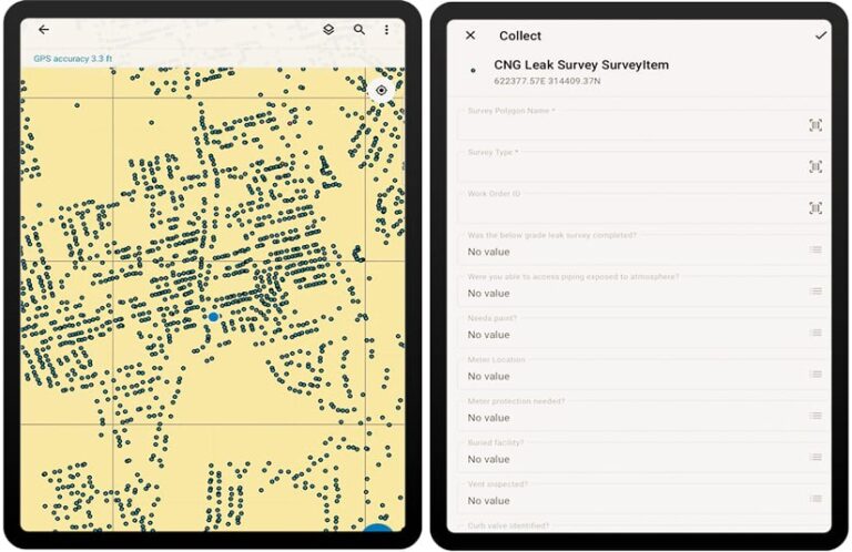 Two screenshots of a mobile app for conducting gas leak surveys. The left screen shows a map with the surveyed area marked in blue. The right screen shows a form for recording survey details with most fields marked "No value."