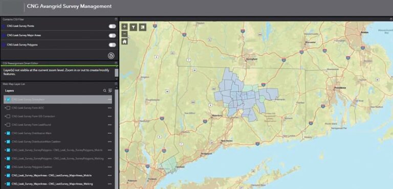 Screenshot of a GIS software displaying a map of Connecticut with blue shaded polygons highlighting gas leak survey areas. A list on the left shows the different data layers available.