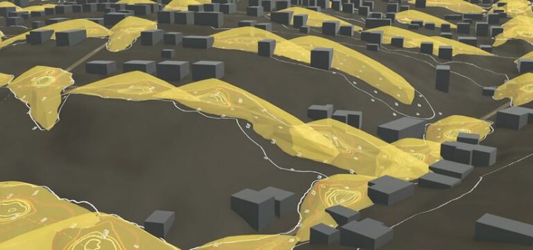 3D model of a hilly, urban landscape. Yellow contours overlaid on the hills indicate where overhead streetlights provide light.