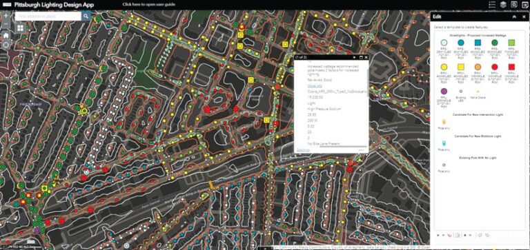 Screenshot of the Pittsburgh Lighting Design App, displaying a map of city streets with colored dots and squares indicating different types of streetlights.