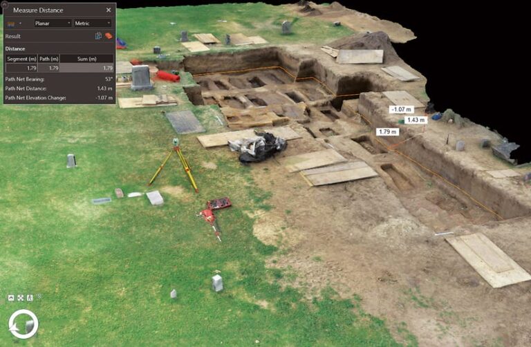 A 3D model of an archaeological dig site in a grassy area. The dig site features multiple trenches with exposed earth and wooden planks covering some sections. Measurement markers indicate depths and distances within the excavation.