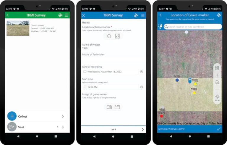 Three screenshots of a smartphone app for documenting cemetery gravesites. The first screen shows an image of a gravesite. The second screen shows fields for data entry. The third screen shows a map interface for pinpointing the grave location.