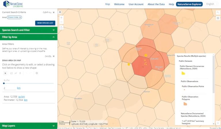 A screenshot of the NatureServe Explorer Pro web app. The map shows a hexagonal grid with a circular buffer area drawn over a section of the map. Various data layers can be toggled on and off.