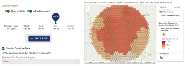 An app interface with a map on the right showing a circular area shaded with hexagons of varying orange shades to represent species density. On the left are controls for adjusting map and data layer settings, including toggles to allow or disallow data visibility and downloads.