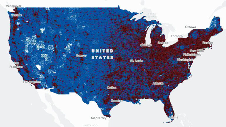 A map of the United States with a blue and red dot visualization. Blue dots cover the majority of the Midwest and western states, while red dots cover most of the East Coast and center of California, Oregon, and Washington.