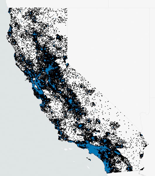 A dot density map of California. Most dots are black, but blue dots are concentrated around the San Francisco Bay area and the Los Angeles metropolitan area.