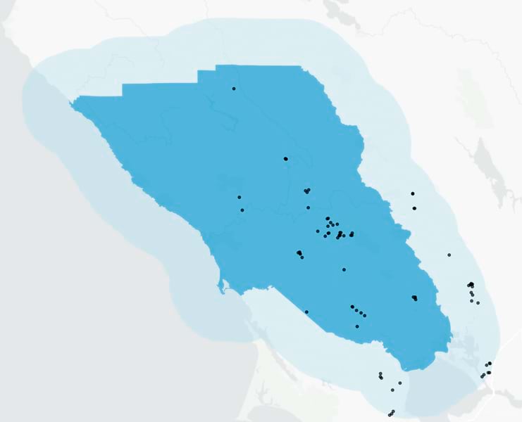 Map of Sonoma County, California, with most black dots contained in an area highlighted in bright blue and some additional black dots contained in a lighter blue area that surrounds and abuts the bright blue area.