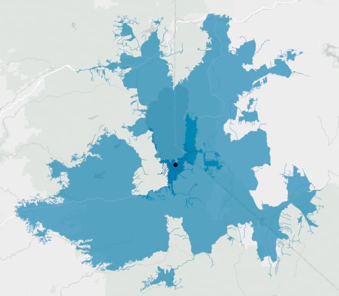 Map of the Lake Tahoe, California, area, with a black dot in the center near the California/Nevada border with dark and lighter blue outlines emanating from it.