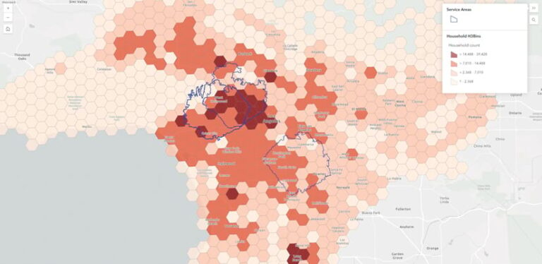 Map of the Los Angeles area overlaid with hexagons. Hexagons are colored darker red to represent denser household concentrations. Blue outlines highlight four different service areas.