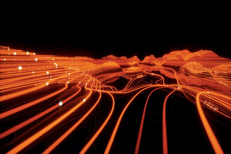 Abstract digital landscape with glowing orange lines forming a topographical map on a black background. The lines pulse with energy, symbolizing data flow or network activity.