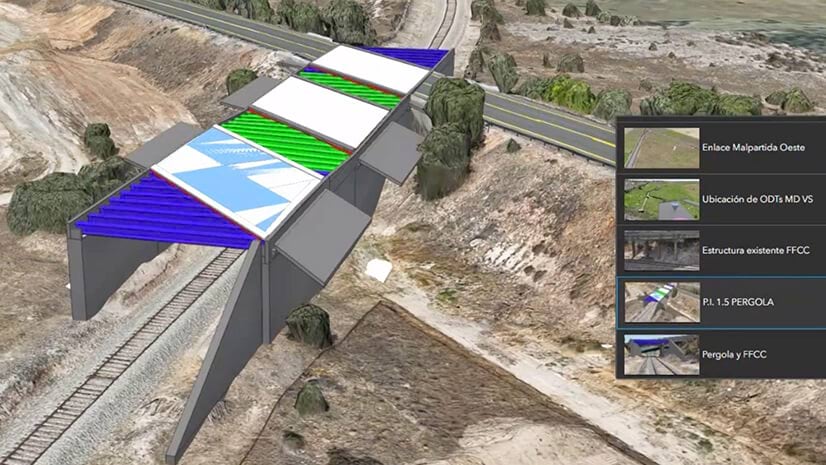 A 3D digital twin of a bridge over a rail line, part of an OHLA road project