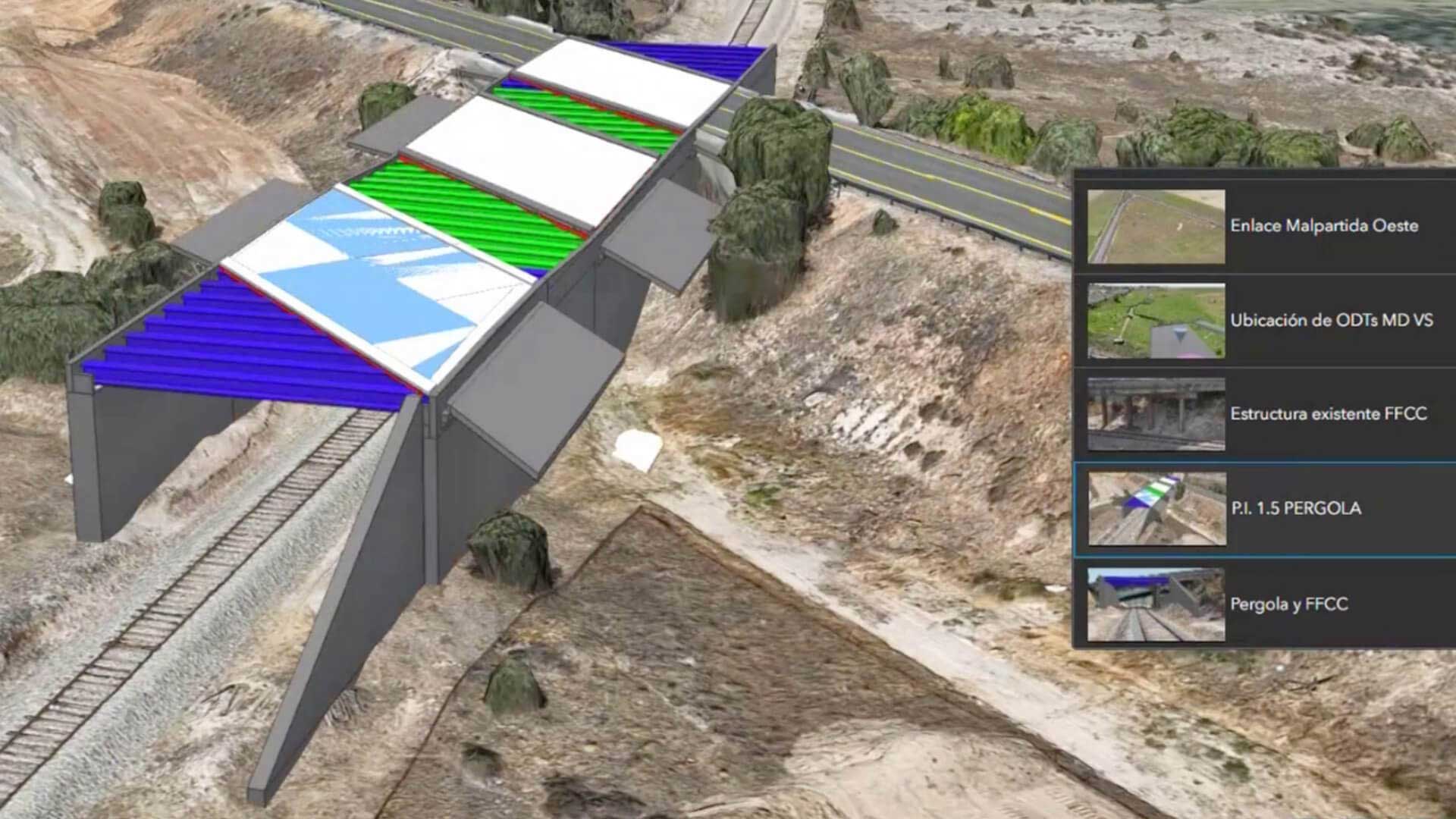 a 3D rendering of a bridge over train tracks, part of an OHLA highway project