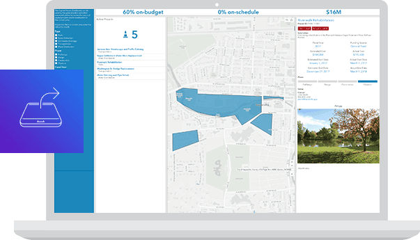 Graphic of a laptop screen displaying a map dashboard with a city map alongside lists of data points and legends of analysis options