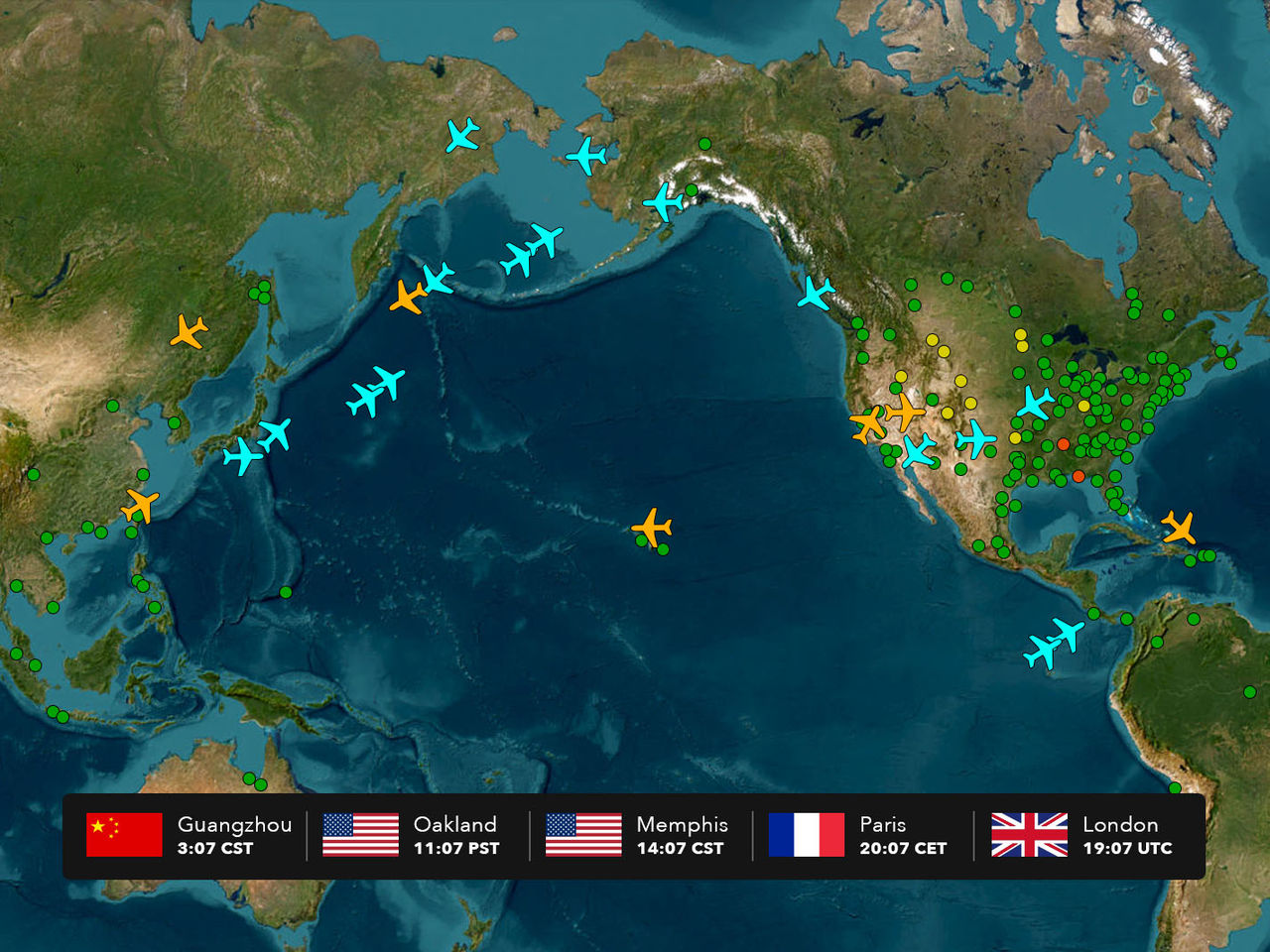 خريطة للكرة الأرضية تظهر نقاطًا وأيقونات على شكل طائرات بألوان مختلفة، مع شريط معروض في الأسفل يوضح 5 مناطق زمنية