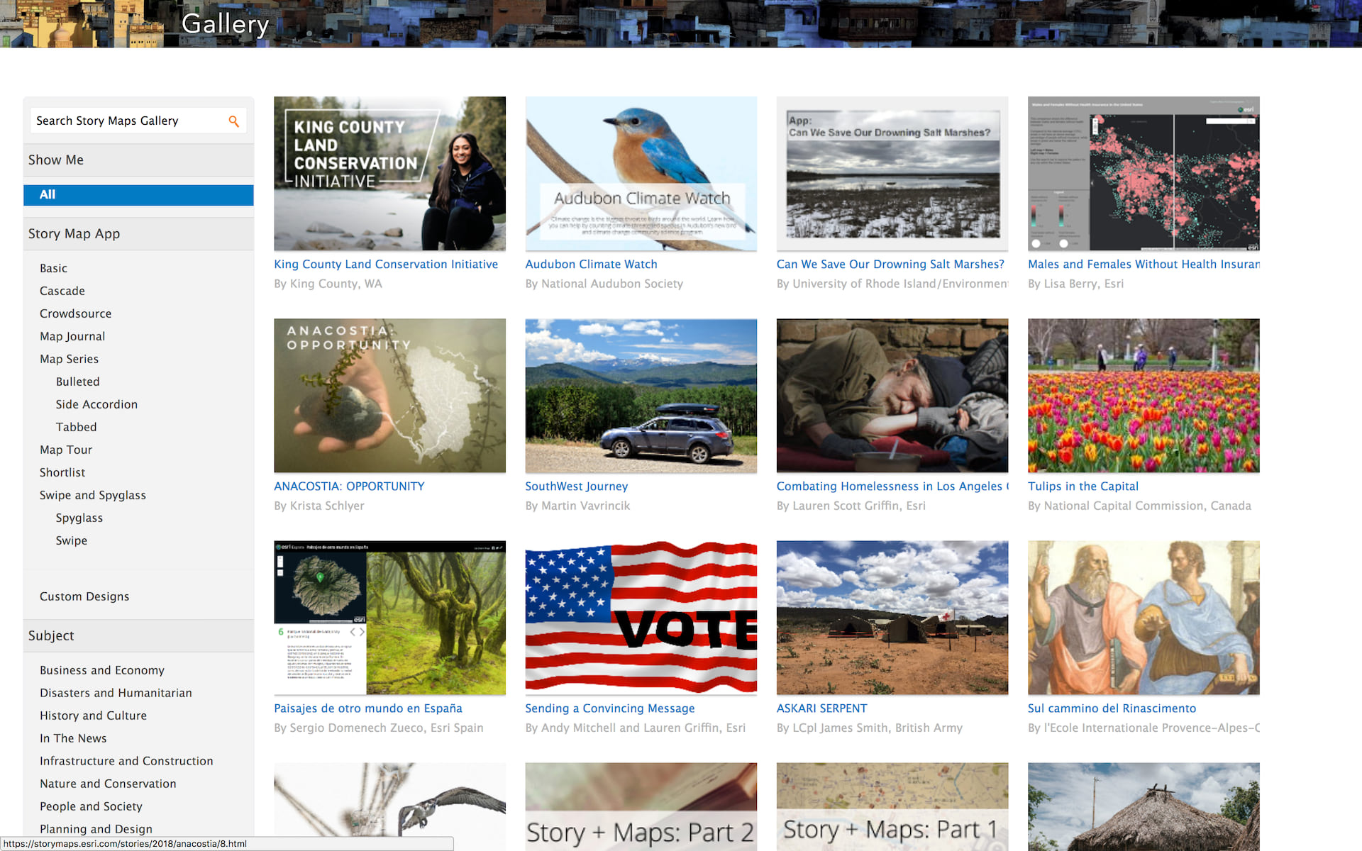 A screenshot of the Esri Story Maps Gallery and its filters