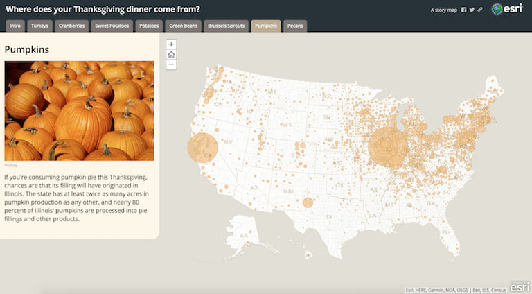 A screenshot of a story about where Thanksgiving staple foods are grown or raised in the US